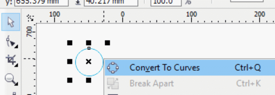 Screenshot of CorelDraw "convert to curves" function
