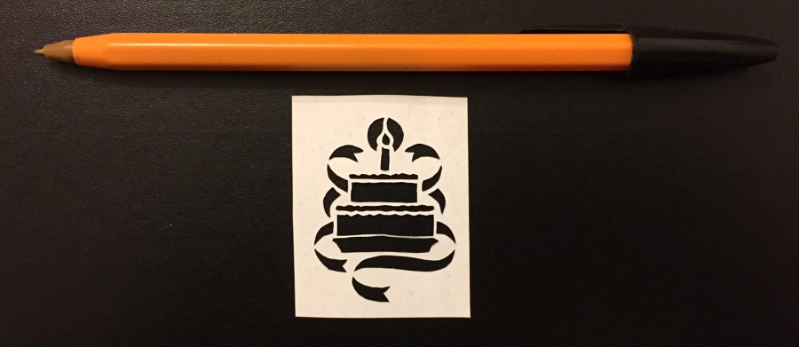 birthday cake papercut 077 with pen for scale - Kay Vincent - LaserSister